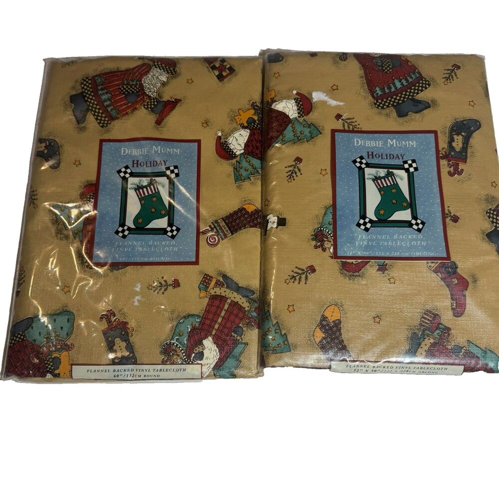 Set of 2 NEW Debbie Mumm Magic Of Santa Vinyl Tablecloth 60" Round + 52" x 90"